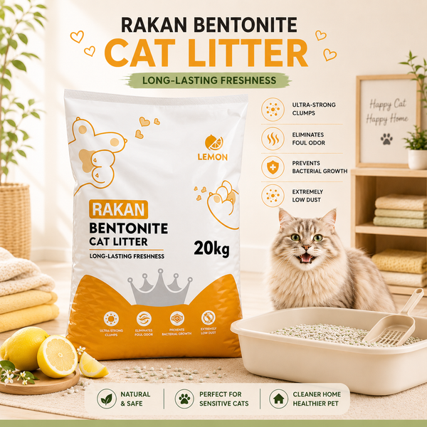 Rakan Bentonite Clumping Cat Litter – Lemon, 25L / 20Kg